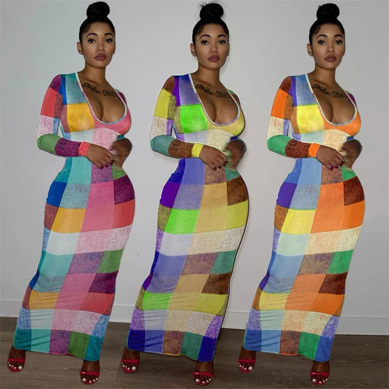 Colourful Plaid Printed Long Dresses for Women Long Sleeve V-neck Sheath Stretchy Party Club Bodycon Maxi Dress Vestido Feminino