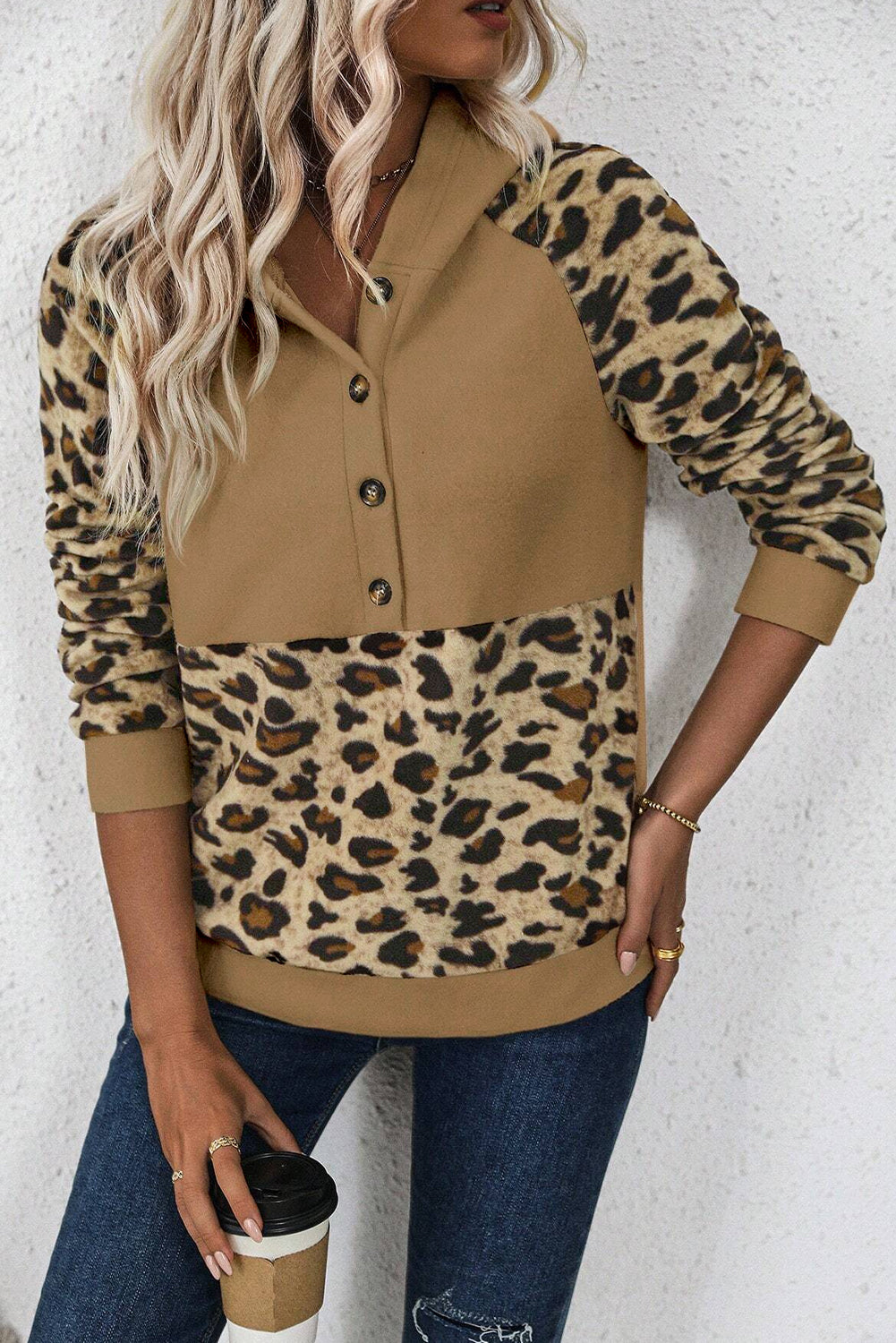 Light French Beige Leopard Print Patchwork Raglan Sleeve Half Buttons