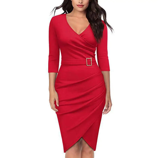 Formal Dress Women Summer Solid Color 3/4 Sleeve Elegant Dress High Waist Belted Irregular Pencil Dress Red