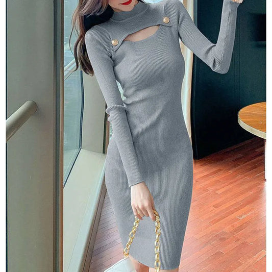 Autumn Long Sleeve Sweater Dress Women Elastic Hollow Out Beading Knitted Dresses Lady Bottom Bodycon Knee-Length Vestidos