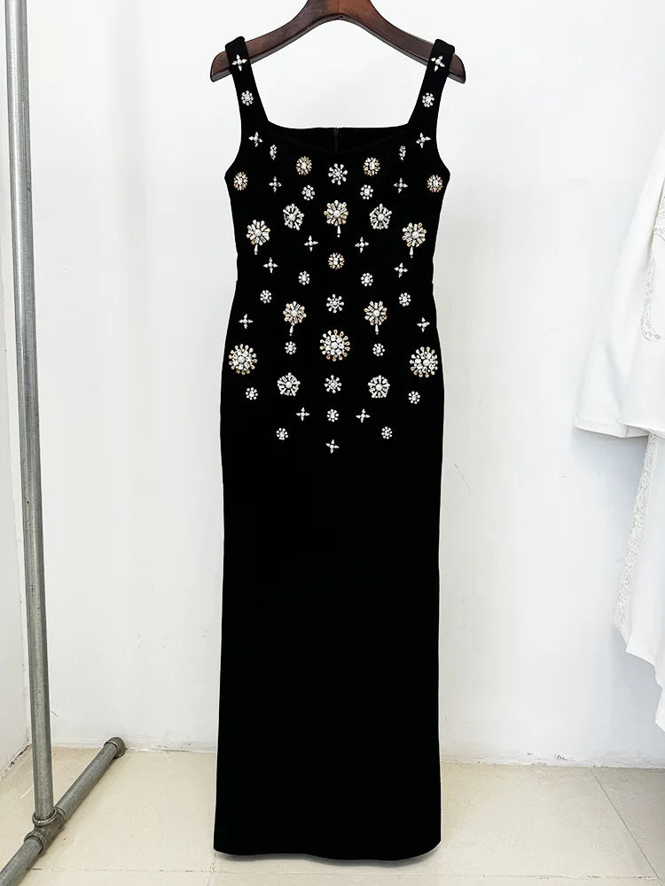 HIGH STREET Newest 2024 Fashion Stylish Designer Women's Rhinestone Diamonds Beaded Elastic Tank Maxi Long Dress