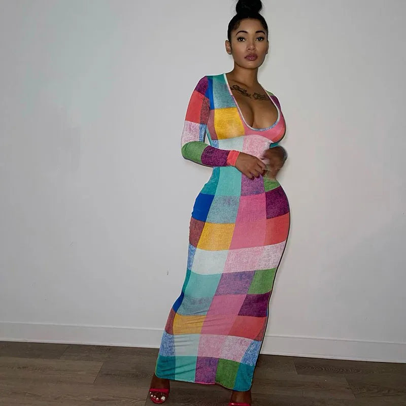 Colourful Plaid Printed Long Dresses for Women Long Sleeve V-neck Sheath Stretchy Party Club Bodycon Maxi Dress Vestido Feminino