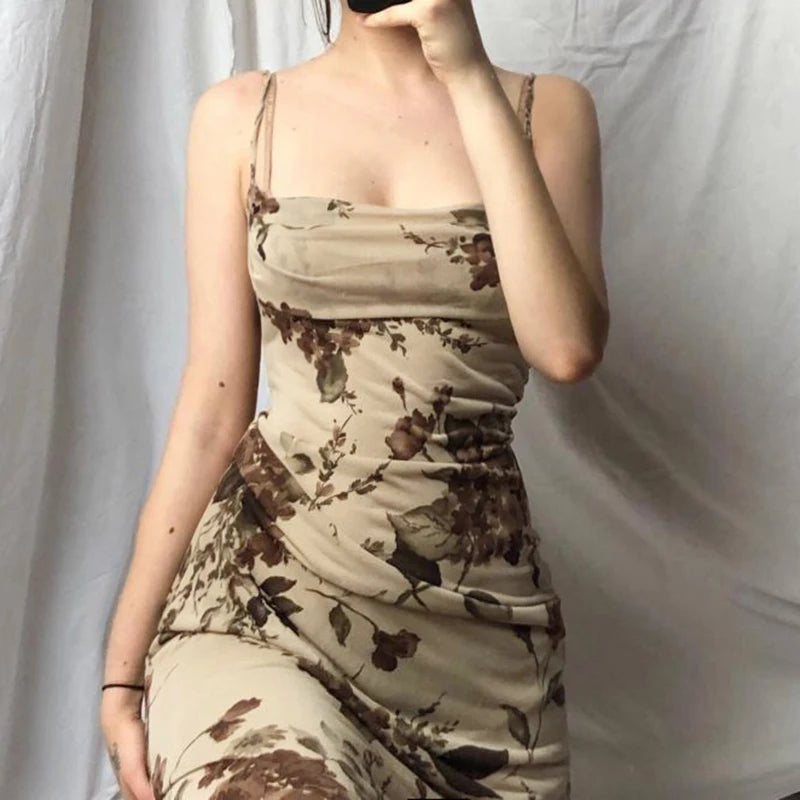 Female Bodycon Dress Floral Print Sleeveless Spaghetti Strap Ruched Single Piece for Summer Dresses Casual Outfits Partywear