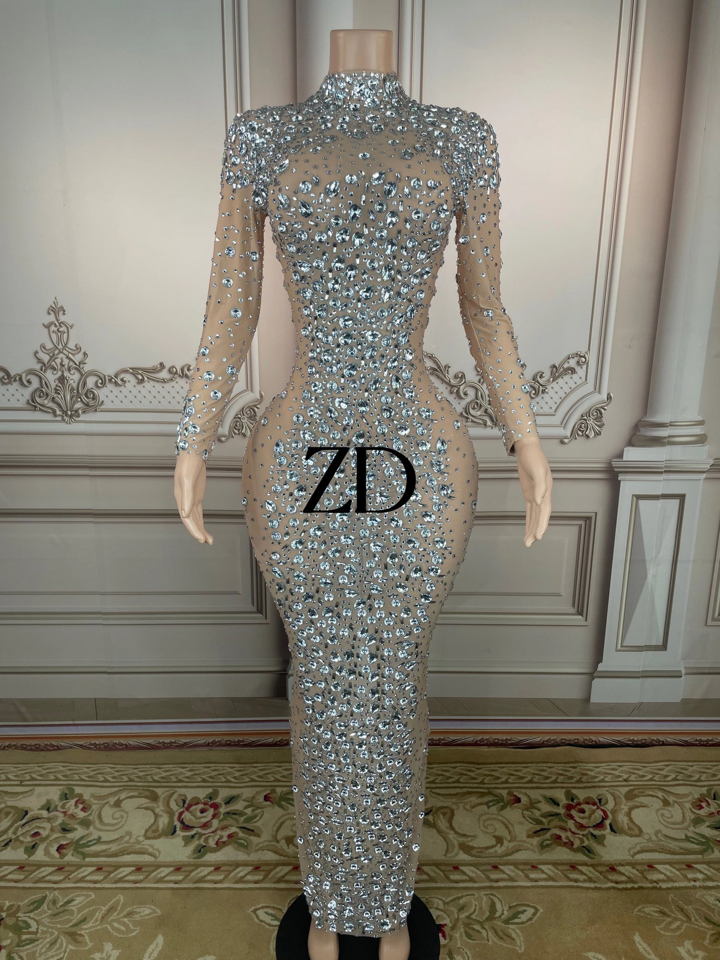 Sparkly  Big Rhinestone Transparent Long Dress Evening Birthday Celebrate Luxurious Costume Dancer Flashing Dress