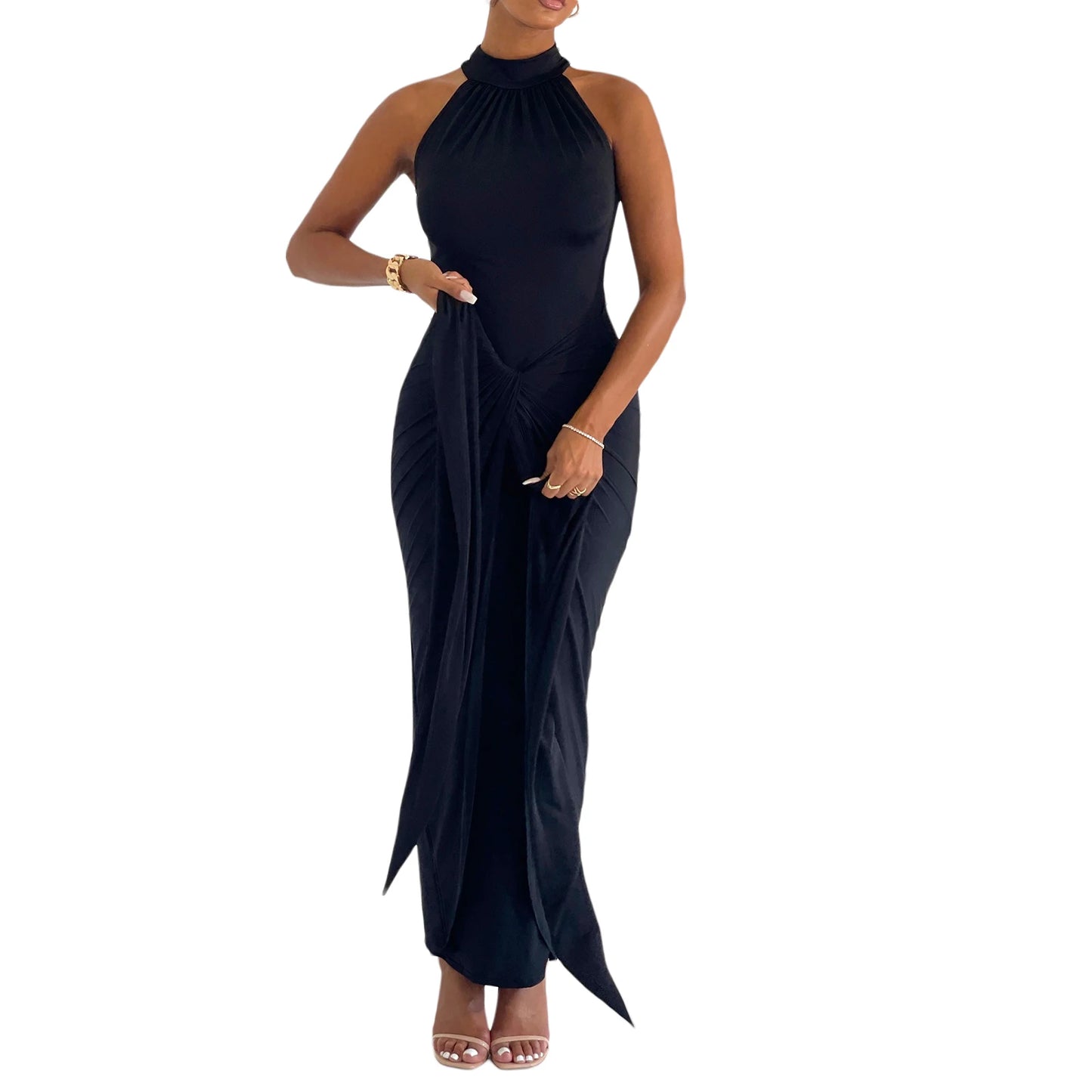 Women's Twist Front Party Dress Sleeveless Mock Neck Bodycon Midi Dress Evening Gown