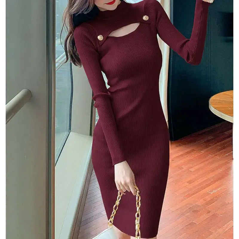 Autumn Long Sleeve Sweater Dress Women Elastic Hollow Out Beading Knitted Dresses Lady Bottom Bodycon Knee-Length Vestidos