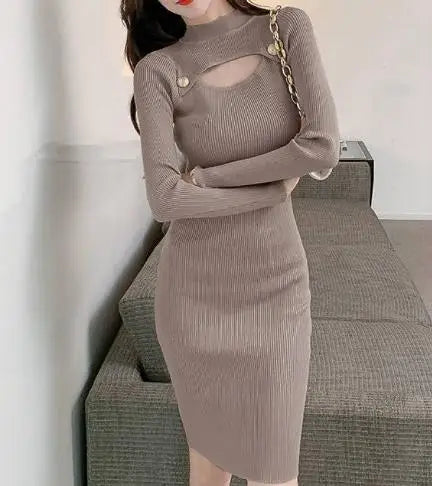 Autumn Long Sleeve Sweater Dress Women Elastic Hollow Out Beading Knitted Dresses Lady Bottom Bodycon Knee-Length Vestidos