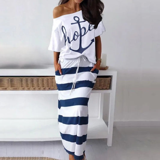 Summer casual women's off-the-shoulder top T-shirt & striped long skirt Slim striped collar ankle long dress two-piece suit