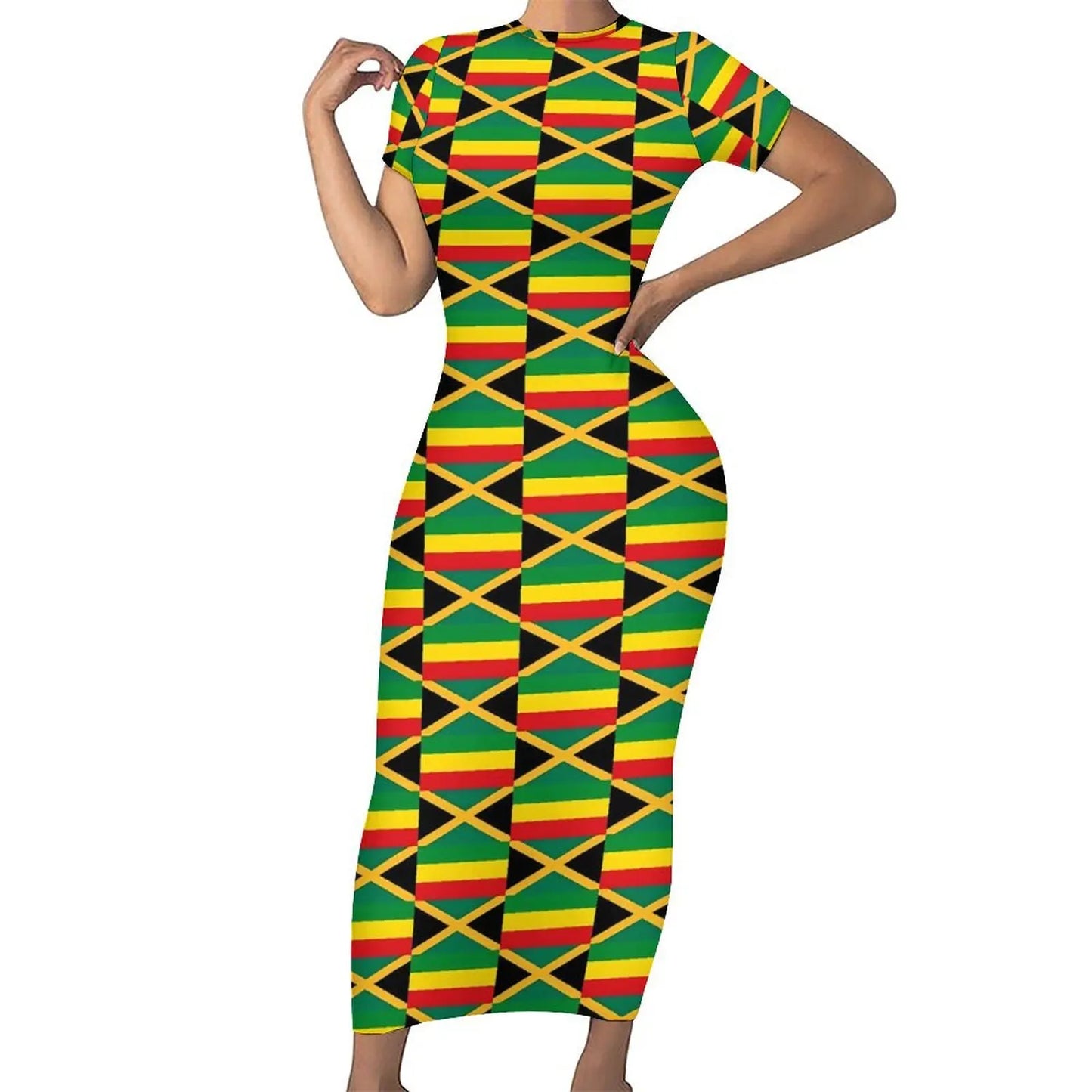 Jamaican Flag Dress Short Sleeve Love for Jamaica Cute Maxi Dresses Spring Aesthetic Custom Bodycon Dress Big Size 4XL 5XL