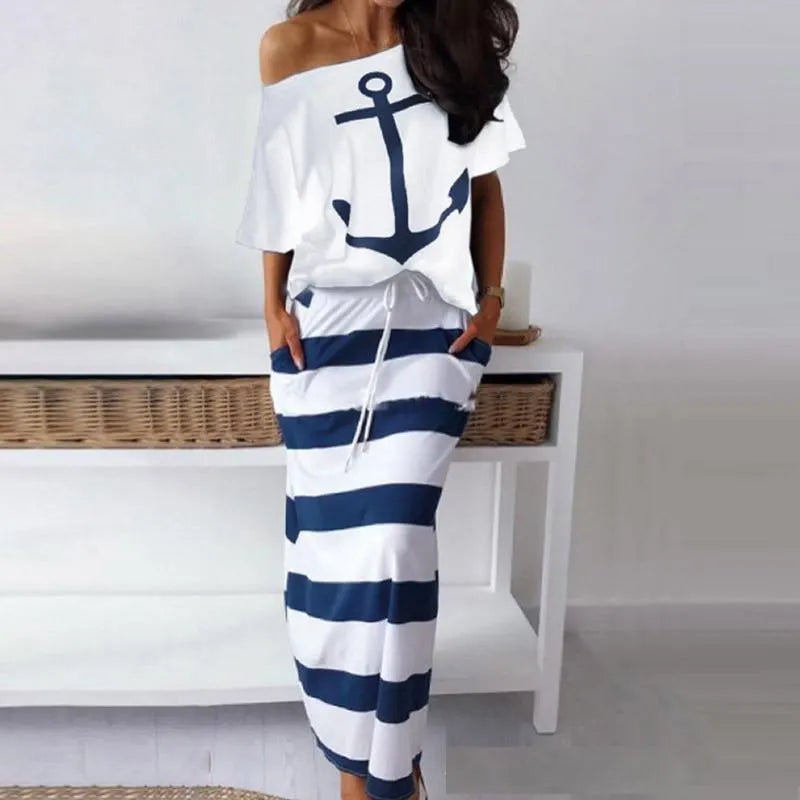 Summer casual women's off-the-shoulder top T-shirt & striped long skirt Slim striped collar ankle long dress two-piece suit