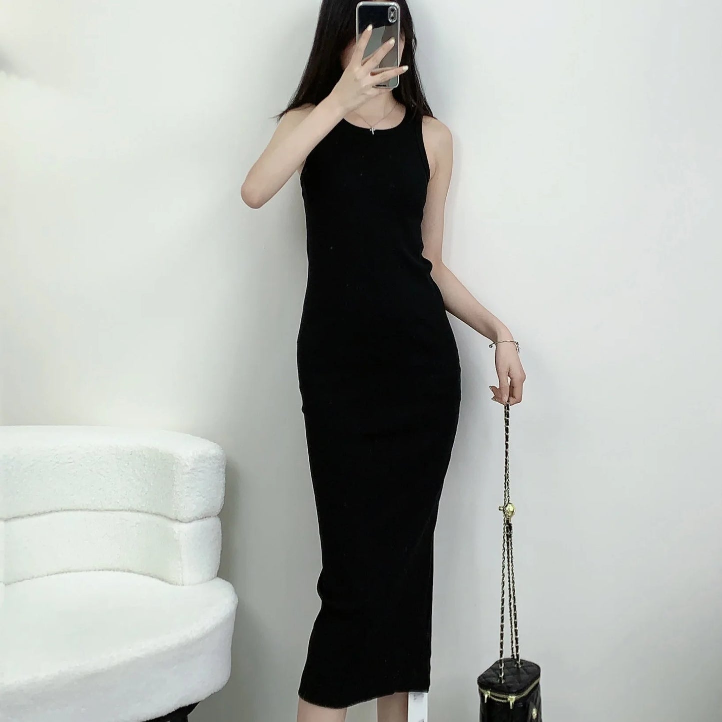 Women's Dress 2024 New Summer O-neck Solid Color Slim Waist Casual Sleeveless Long Robes