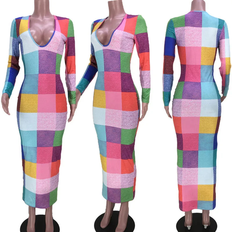 Colourful Plaid Printed Long Dresses for Women Long Sleeve V-neck Sheath Stretchy Party Club Bodycon Maxi Dress Vestido Feminino