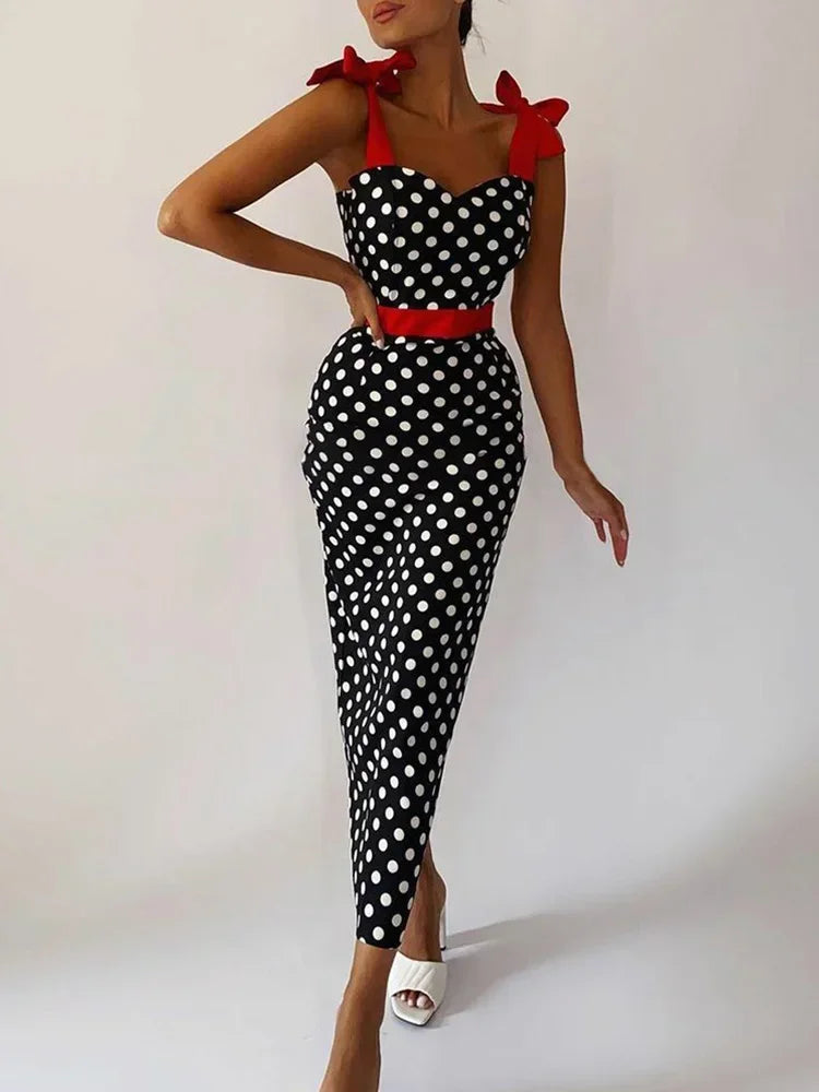 Polka Dot Knot Shoulder Bodycon Dress Women Sleeveless Sweetheart Neck Maxi Dress