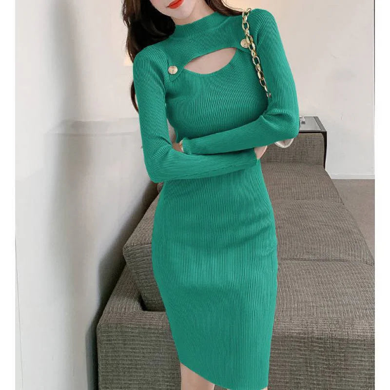 Autumn Long Sleeve Sweater Dress Women Elastic Hollow Out Beading Knitted Dresses Lady Bottom Bodycon Knee-Length Vestidos