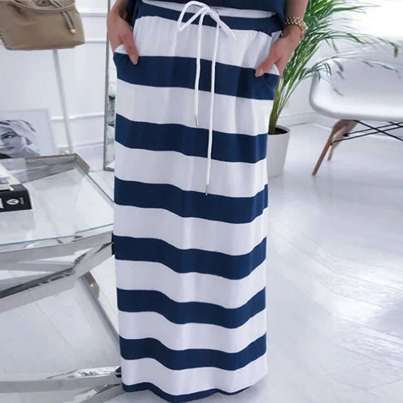 Summer casual women's off-the-shoulder top T-shirt & striped long skirt Slim striped collar ankle long dress two-piece suit