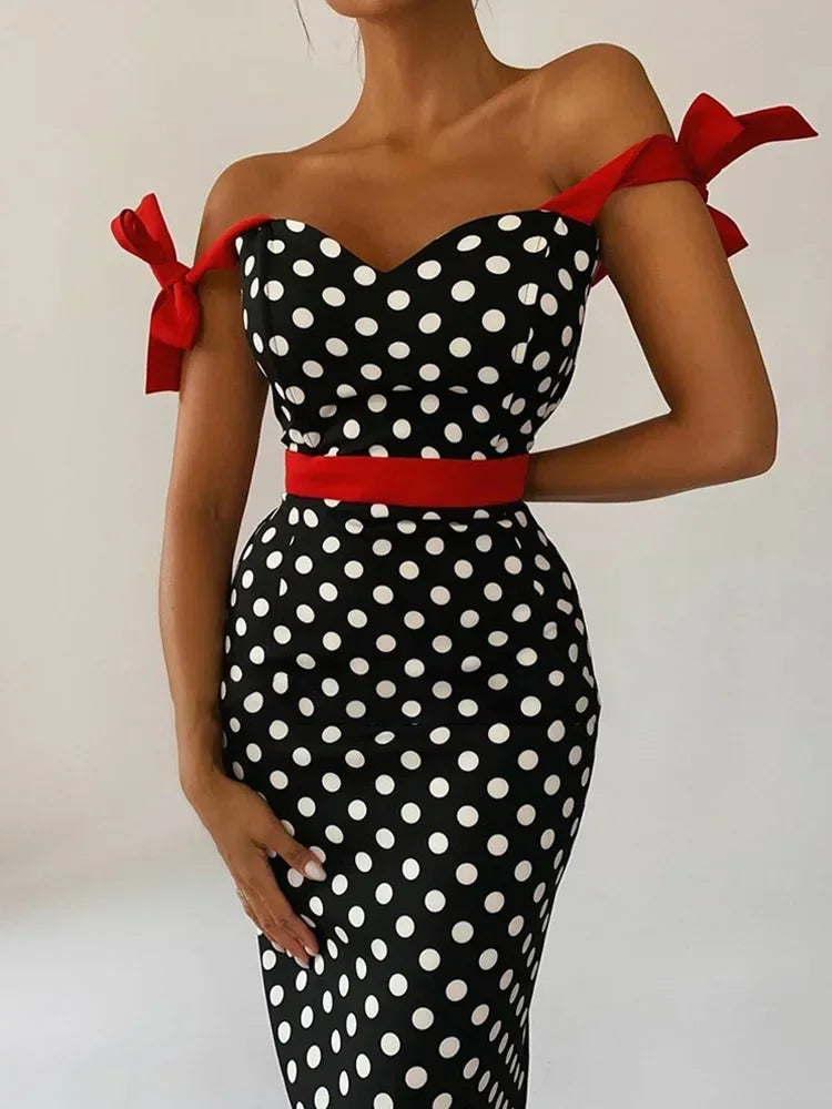 Polka Dot Knot Shoulder Bodycon Dress Women Sleeveless Sweetheart Neck Maxi Dress