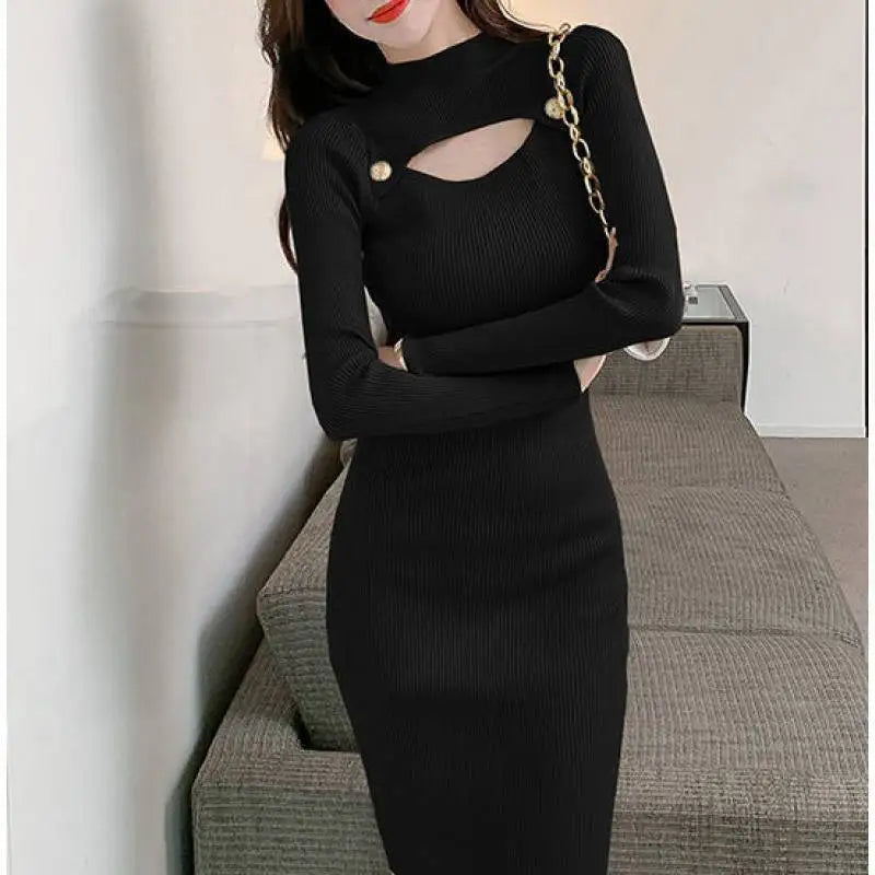 Autumn Long Sleeve Sweater Dress Women Elastic Hollow Out Beading Knitted Dresses Lady Bottom Bodycon Knee-Length Vestidos