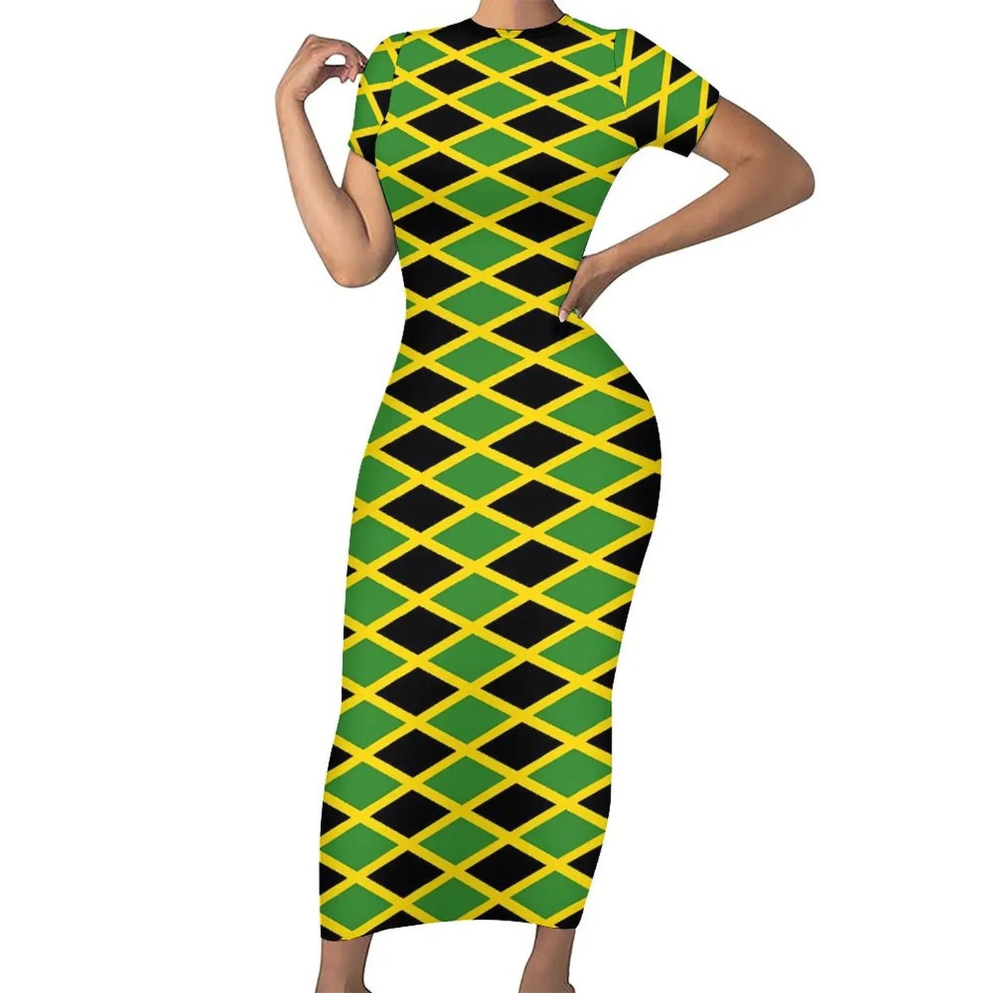 Jamaican Flag Dress Short Sleeve Love for Jamaica Cute Maxi Dresses Spring Aesthetic Custom Bodycon Dress Big Size 4XL 5XL