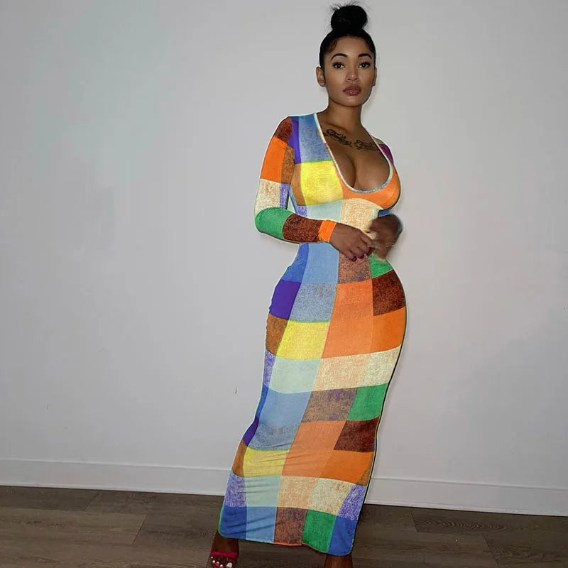 Colourful Plaid Printed Long Dresses for Women Long Sleeve V-neck Sheath Stretchy Party Club Bodycon Maxi Dress Vestido Feminino