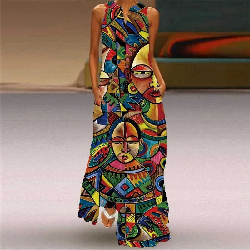 New retro women's summer elegant long dress sleeveless V-neck 3D facial print loose casual party bohemian style dress for women