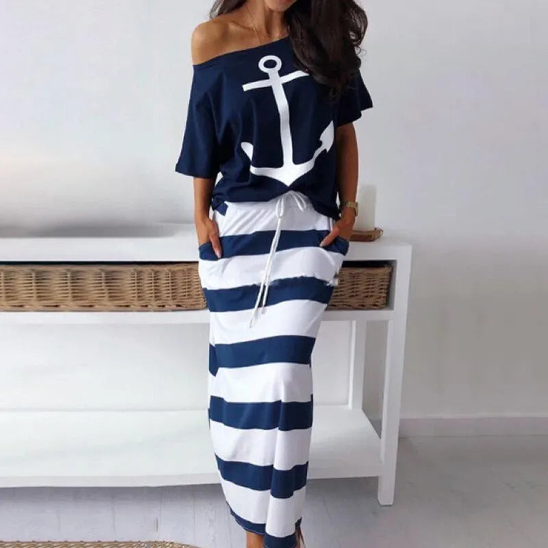 Summer casual women's off-the-shoulder top T-shirt & striped long skirt Slim striped collar ankle long dress two-piece suit