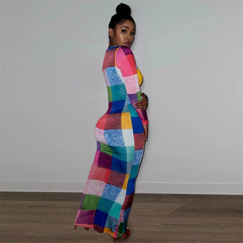 Colourful Plaid Printed Long Dresses for Women Long Sleeve V-neck Sheath Stretchy Party Club Bodycon Maxi Dress Vestido Feminino