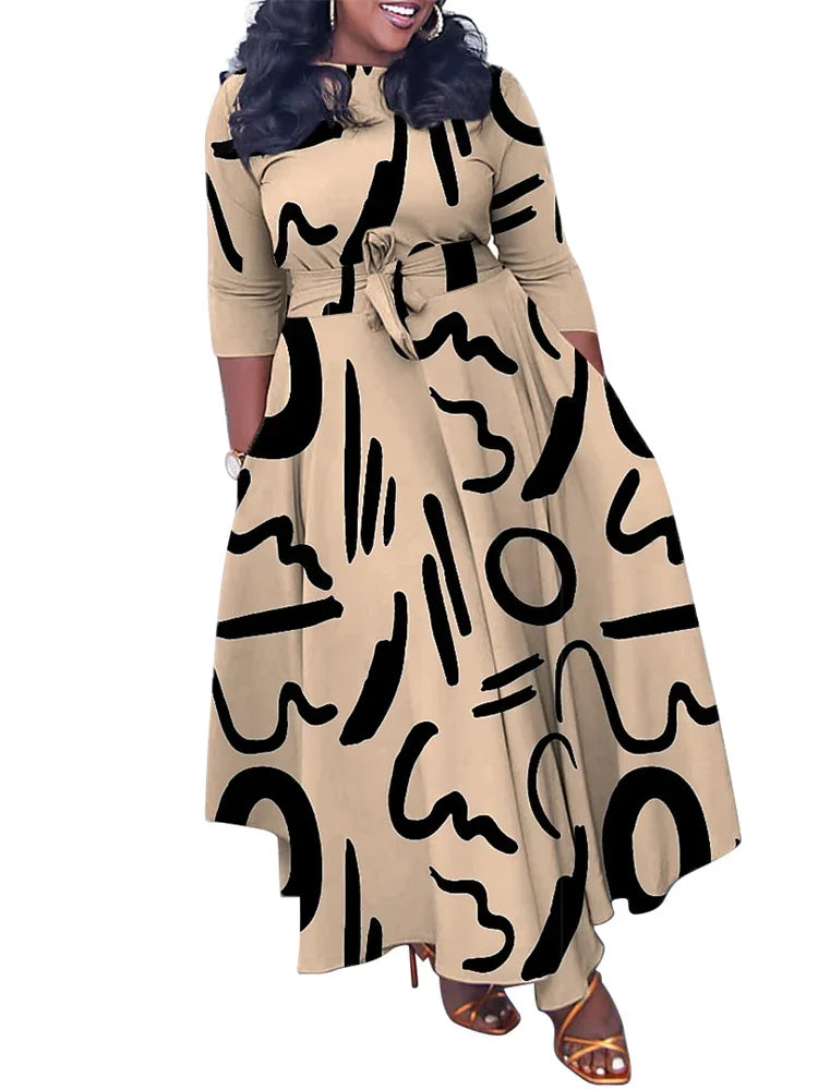 Wmstar Plus Size Women Dress Printed Fashion Maxi Dresses Long Sleeve Big Hem Fall Clothes Wholesale Dropshipping with Bandage