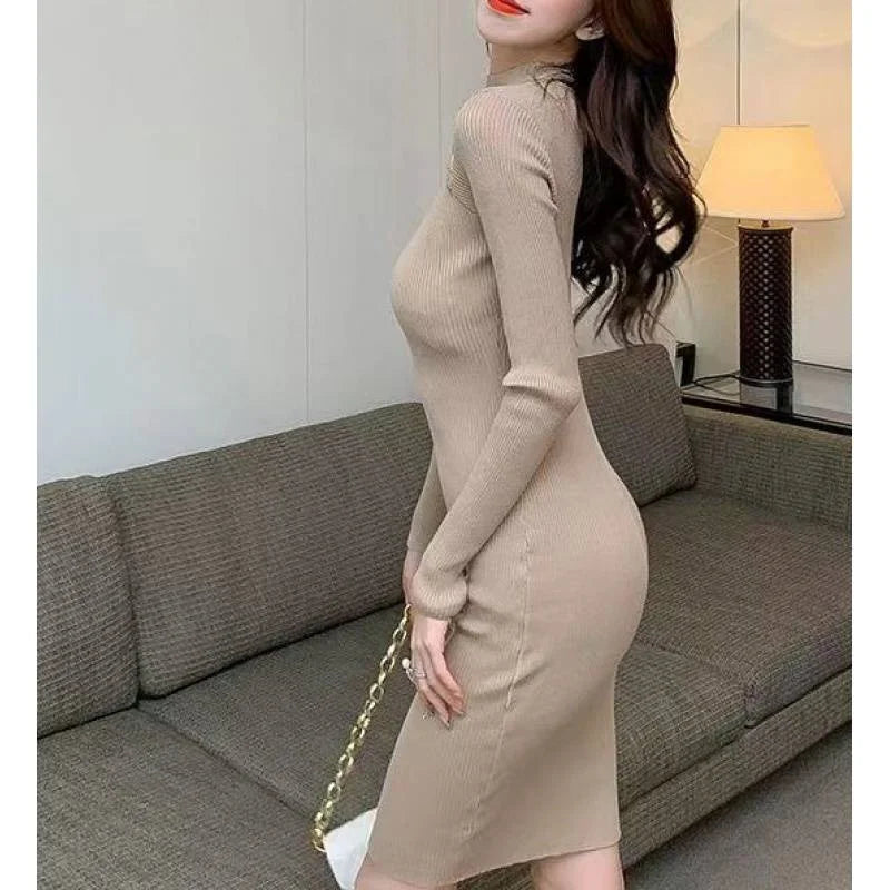 Autumn Long Sleeve Sweater Dress Women Elastic Hollow Out Beading Knitted Dresses Lady Bottom Bodycon Knee-Length Vestidos