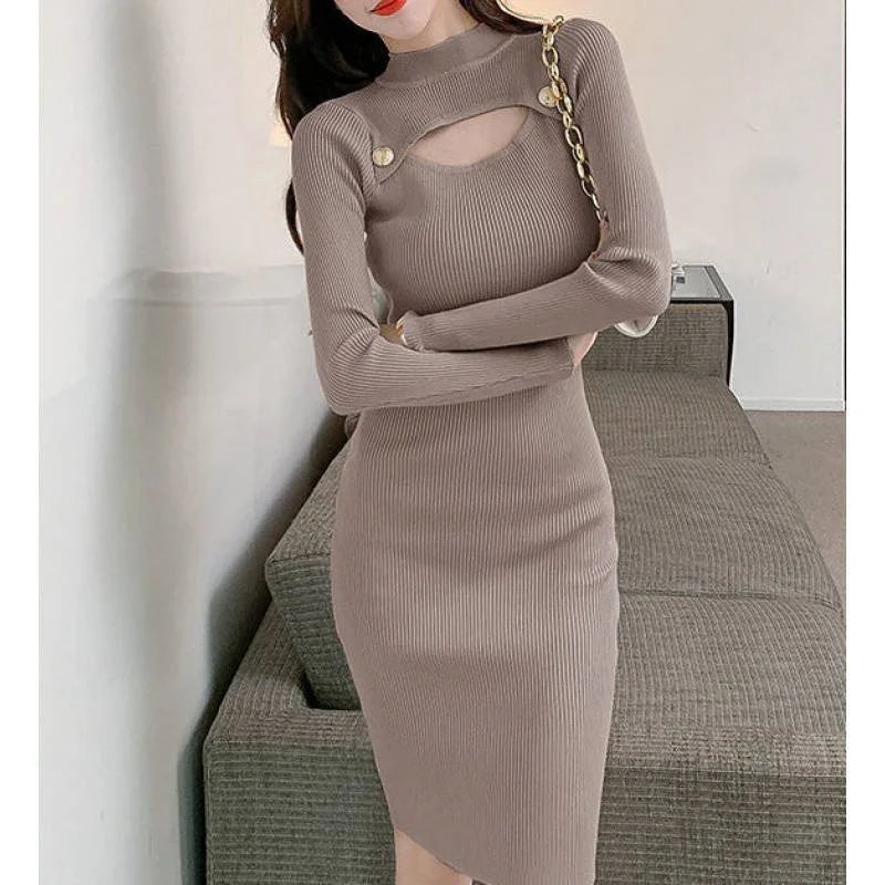 Autumn Long Sleeve Sweater Dress Women Elastic Hollow Out Beading Knitted Dresses Lady Bottom Bodycon Knee-Length Vestidos