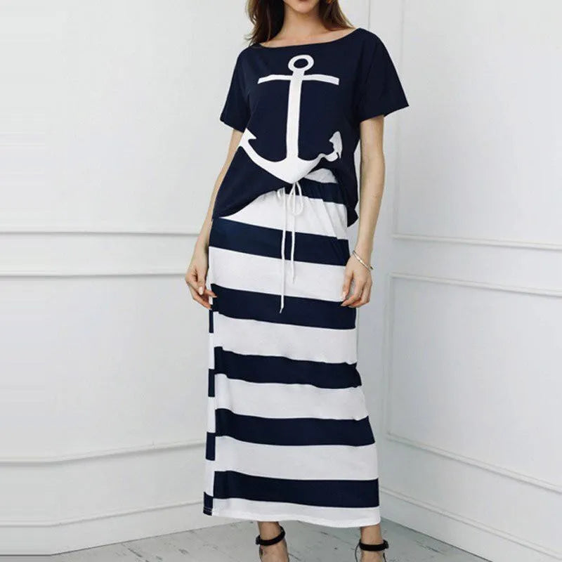 Summer casual women's off-the-shoulder top T-shirt & striped long skirt Slim striped collar ankle long dress two-piece suit