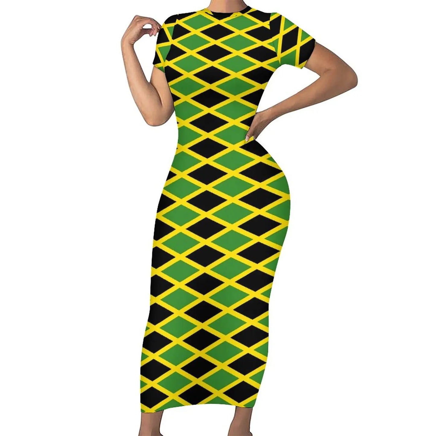 Jamaican Flag Dress Short Sleeve Love for Jamaica Cute Maxi Dresses Spring Aesthetic Custom Bodycon Dress Big Size 4XL 5XL