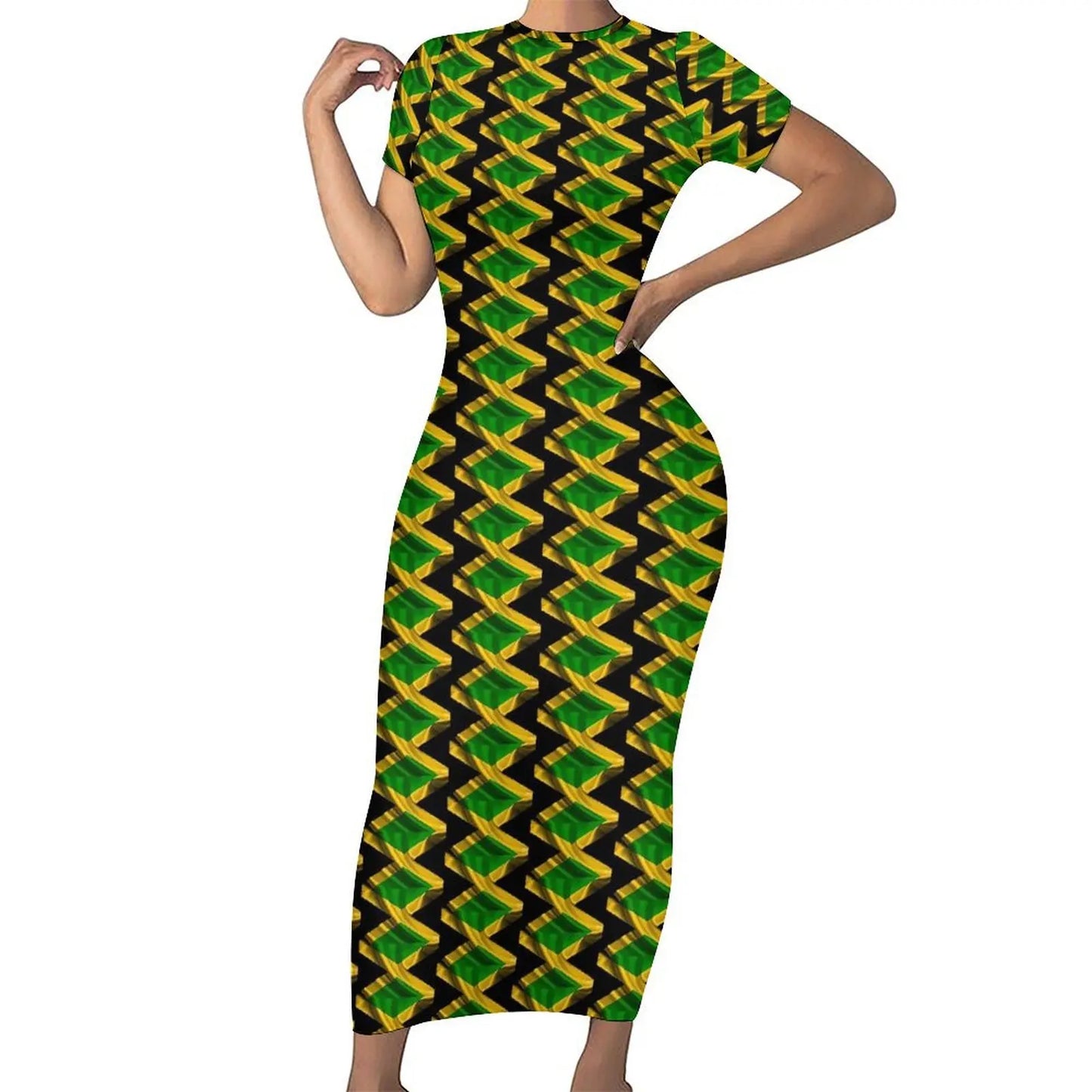 Jamaican Flag Dress Short Sleeve Love for Jamaica Cute Maxi Dresses Spring Aesthetic Custom Bodycon Dress Big Size 4XL 5XL