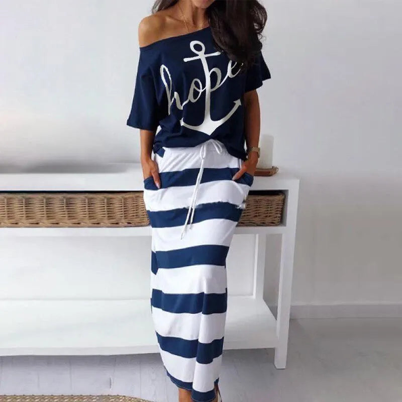 Summer casual women's off-the-shoulder top T-shirt & striped long skirt Slim striped collar ankle long dress two-piece suit